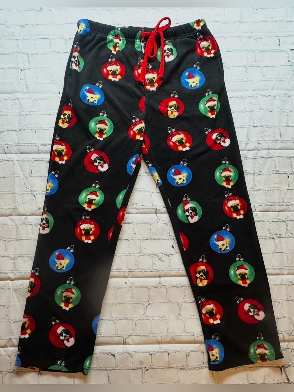 B15 Mens Black Holiday Ornament with Dogs  Pajama Pants - Red Accent